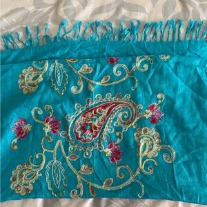 Turquoise Embroidered Paisley Fringe Scarf
